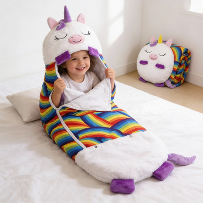 Kids' foldable sleeping bag by BowLift, animal shape, portable and washable, ideal for naps and outdoor adventures.