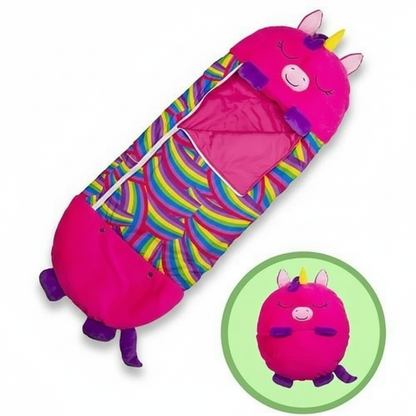Pink unicorn-shaped kids' foldable sleeping bag by BowLift, portable, washable, and designed for children to sleep comfortably.