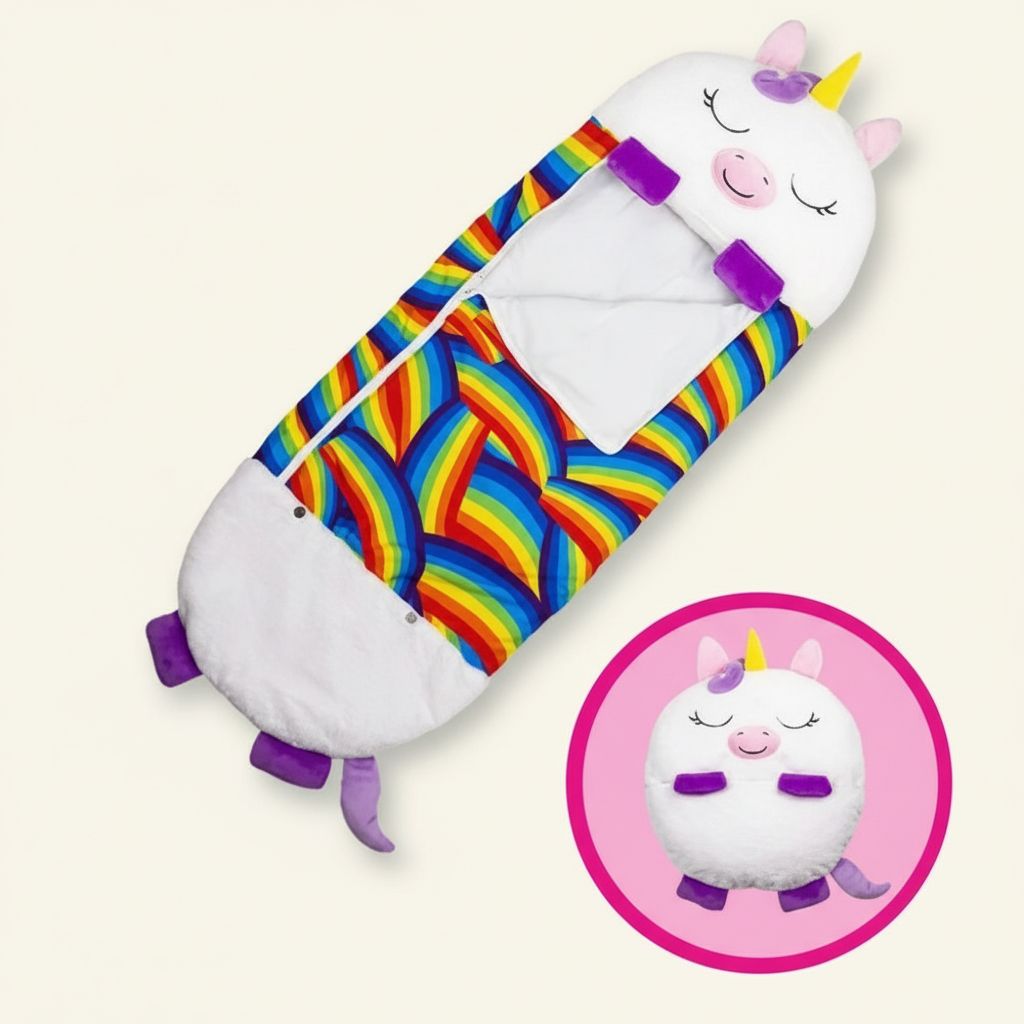 Kids' foldable unicorn-shaped sleeping bag by BowLift, portable, washable, and featuring a soft white animal design.