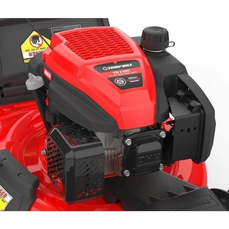 Casavibeo Troy-Bilt 21-inch 163cc 3-in-1 FWD self-propelled gas mower with adjustable height and durable wheels.