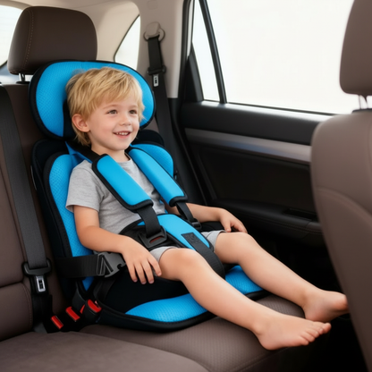 Blue BowLift portable child car booster seat, foldable and compact for travel safety, with secure harness and ergonomic design.