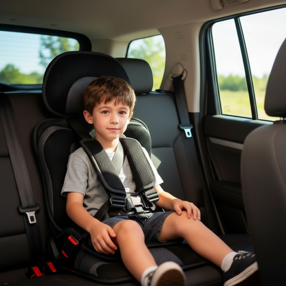 Black BowLift portable child car booster seat folded for travel, compact and lightweight for safe car rides.