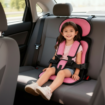 Pink BowLift portable child car booster seat, foldable and compact for travel safety and convenience.