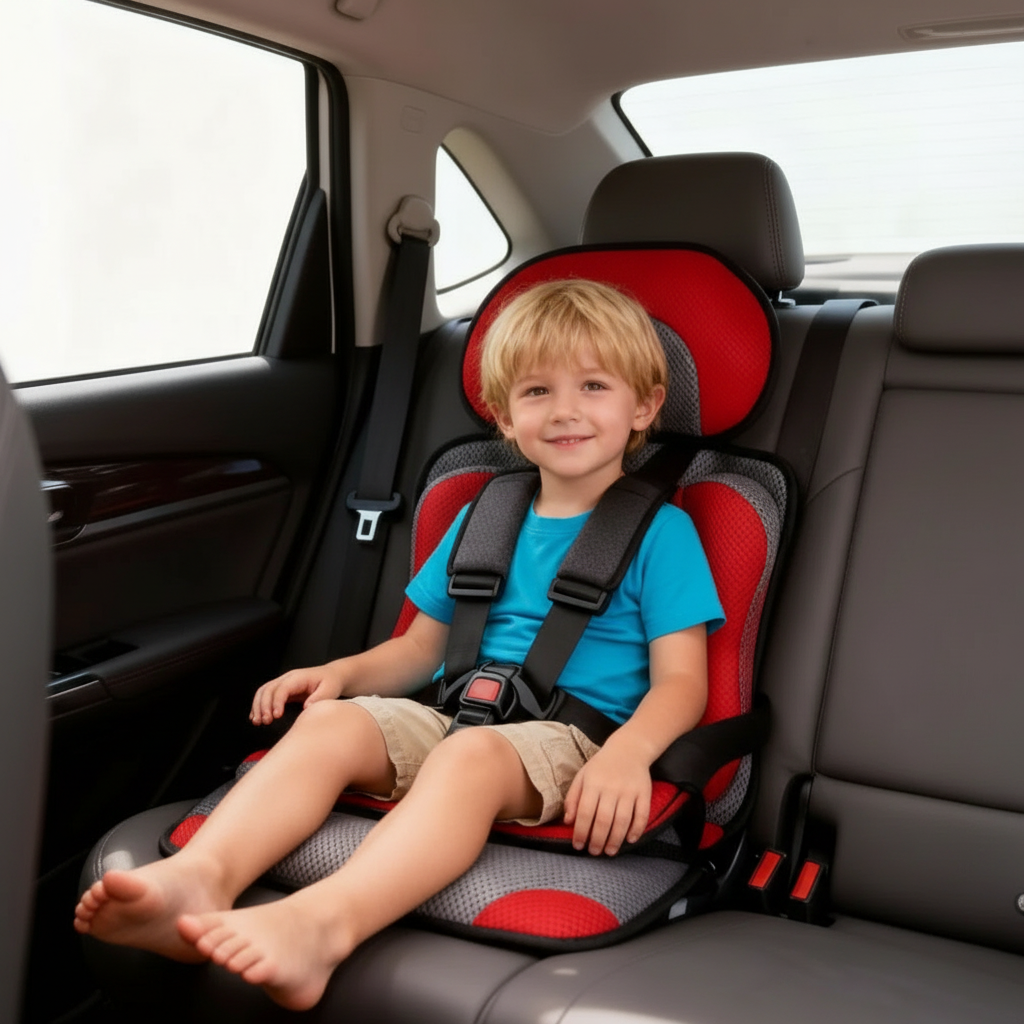 Red BowLift portable child car booster seat, foldable and compact for travel safety, with harness and cushioned seat for kids.