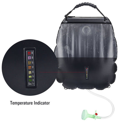 Belro outdoor shower water bag for home and garden use, shown hanging with a spout and water outlet.
