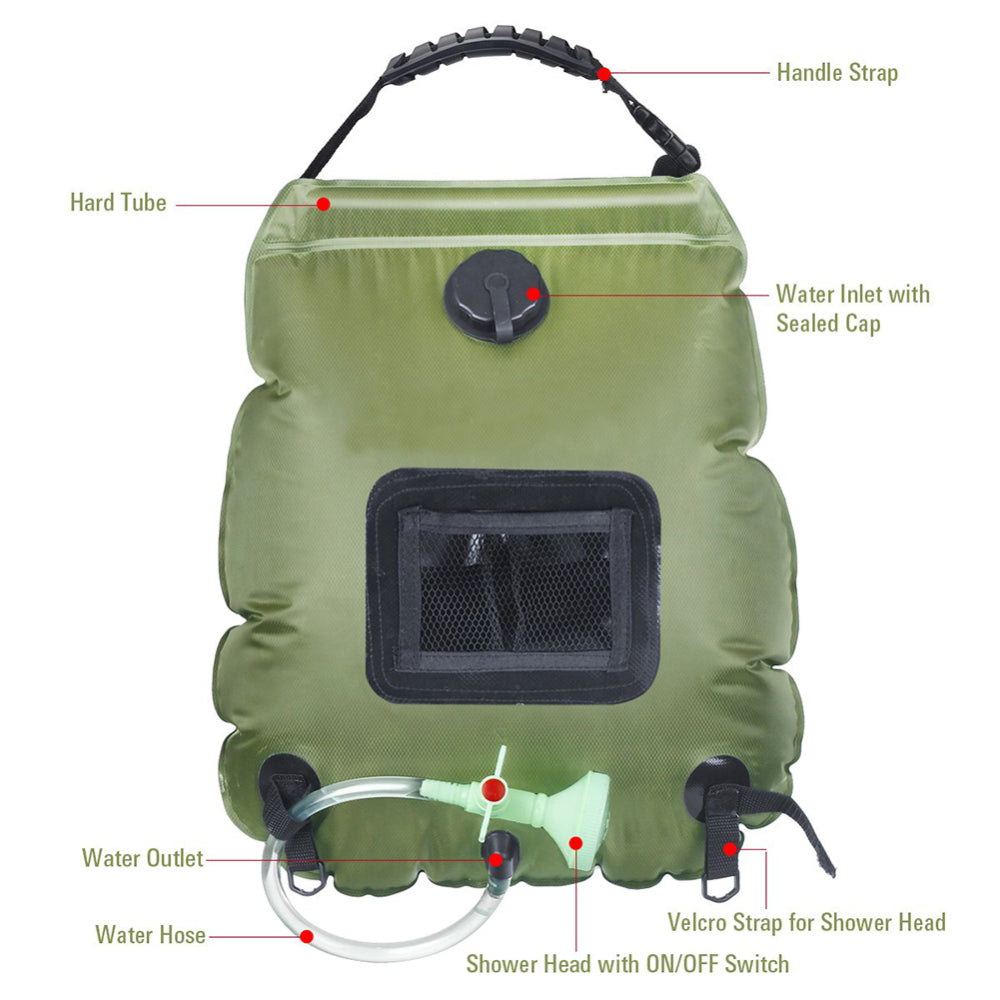 Belro outdoor shower water bag filled with water, designed for outdoor use in home and garden settings.