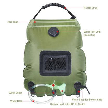 Belro outdoor shower water bag filled with water, designed for outdoor use in home and garden settings.