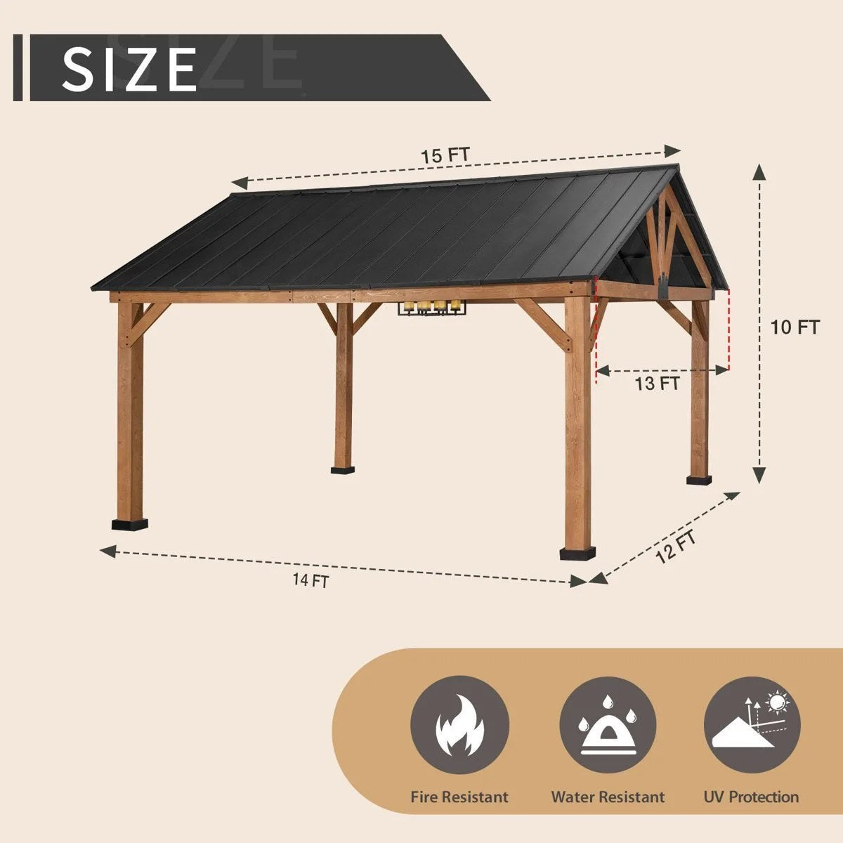 Casavibeo JOYSIDE 15 ft. by 13 ft. solid cedar wood outdoor patio hardtop gazebo with a sturdy, natural wood design.