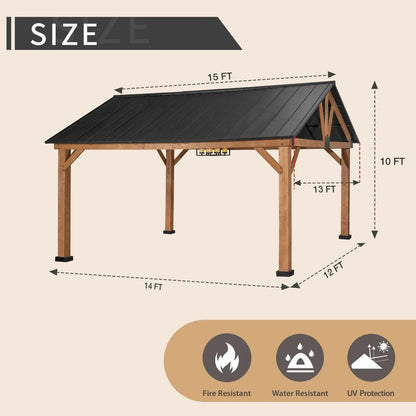 Casavibeo JOYSIDE 15 ft. by 13 ft. solid cedar wood outdoor patio hardtop gazebo with a sturdy, natural wood design.