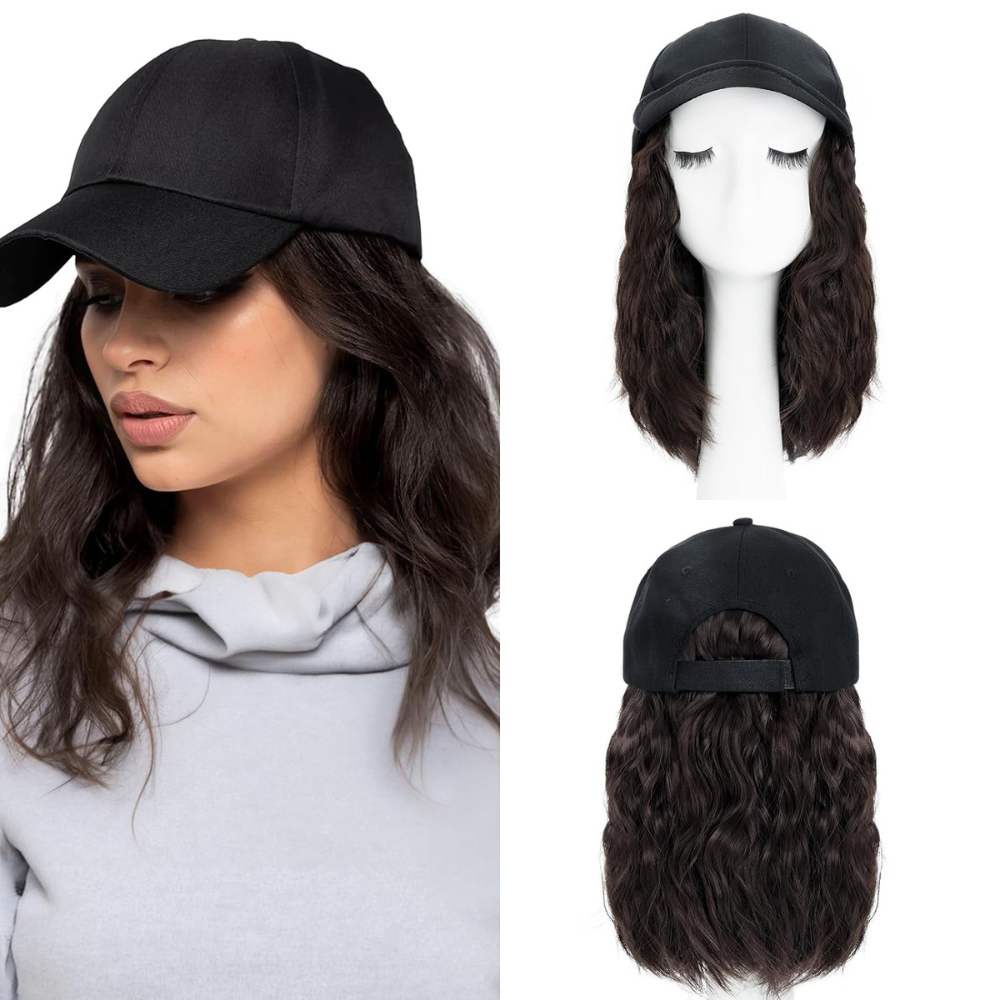 Belro heat-resistant synthetic wavy wig extension attached to a baseball cap, hair accessory for stylish looks.