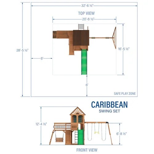 Diagram of the Backyard Discovery Caribbean Swing Set by Casavibeo, showing its structure, swings, slides, and play features.