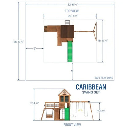 Diagram of the Backyard Discovery Caribbean Swing Set by Casavibeo, showing its structure, swings, slides, and play features.