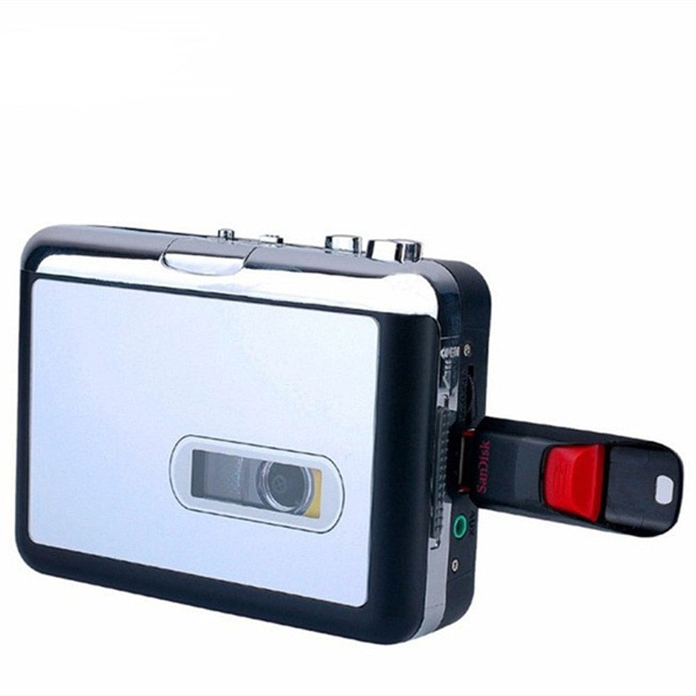Belro cassette tape to USB converter device for digital audio transfer, with cables and ports visible.