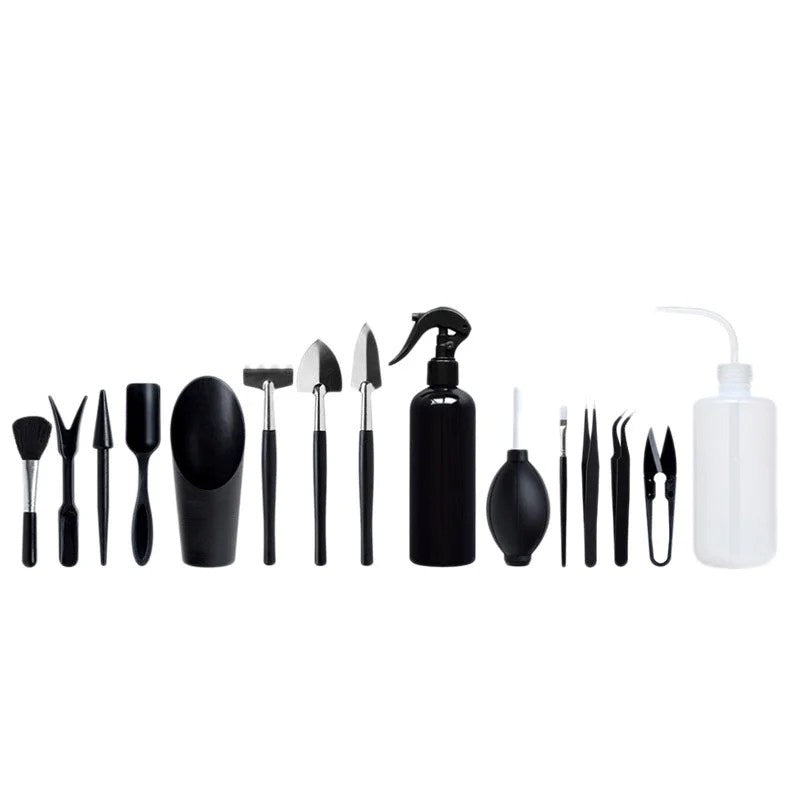 Casavibeo mini garden tools set with 16 pieces for succulents and bonsai, including pruning scissors, trowel, and tweezers.