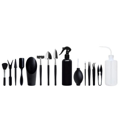 Casavibeo mini garden tools set with 16 pieces for succulents and bonsai, including pruning scissors, trowel, and tweezers.