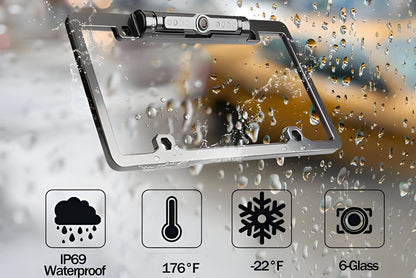 Belro wireless backup camera attached to a vehicle license plate, compact electronic camera for rearview parking assistance.