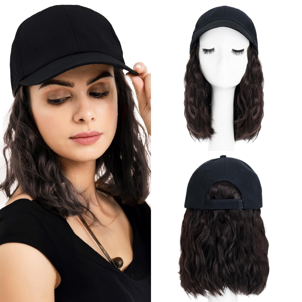 Belro heat resistant synthetic wavy wig extension attached to a baseball cap, designed as a stylish hair accessory.