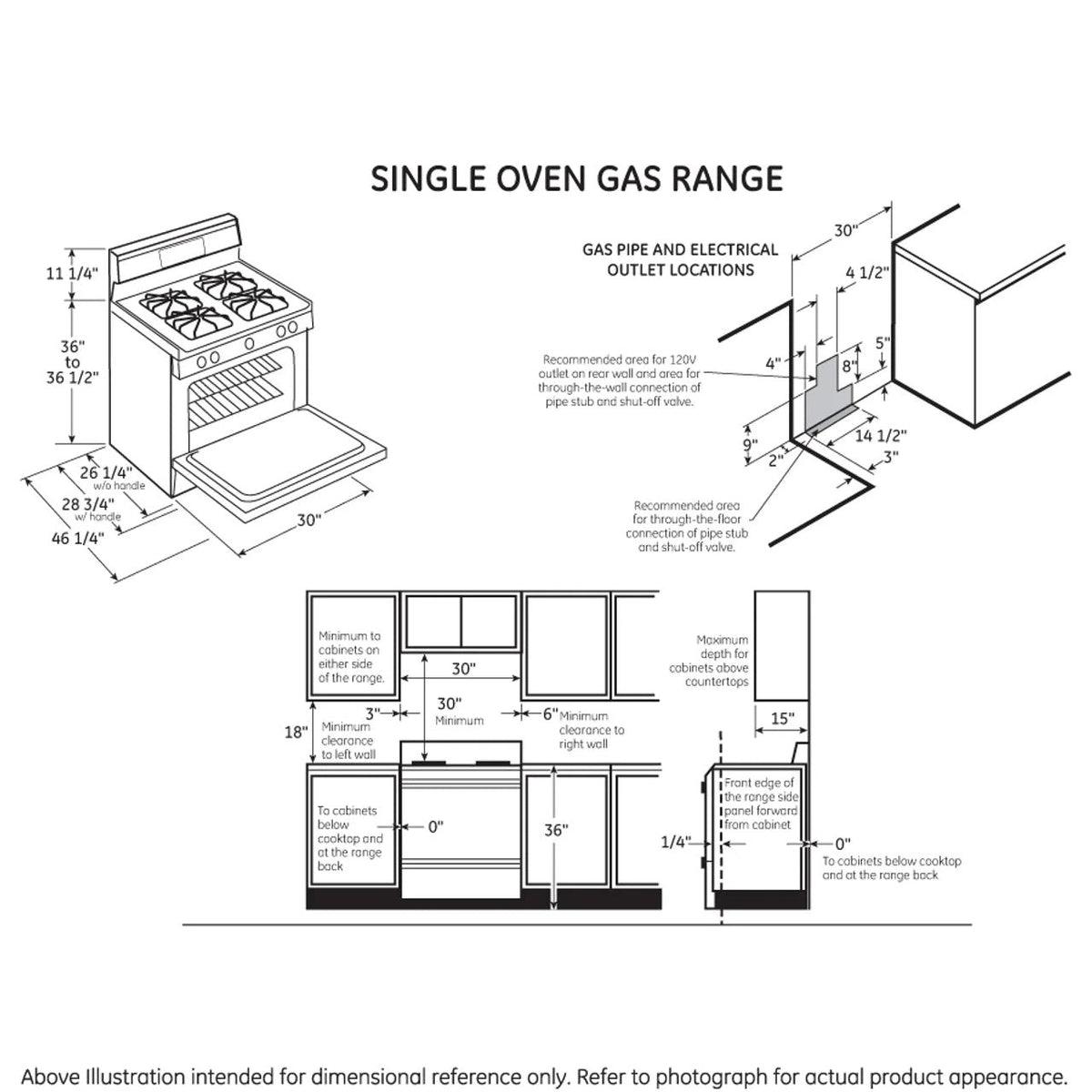 Casavibeo GE 30-inch freestanding gas range with four burners and oven, stainless steel finish, and control knobs.