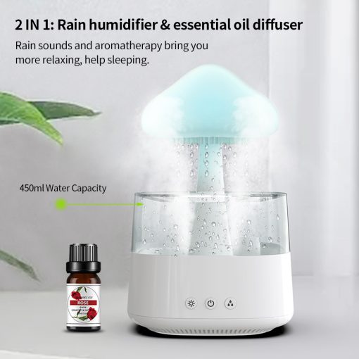 Belro 2-in-1 desk light humidifier and rain cloud aromatherapy diffuser with night light and mushroom lamp design.