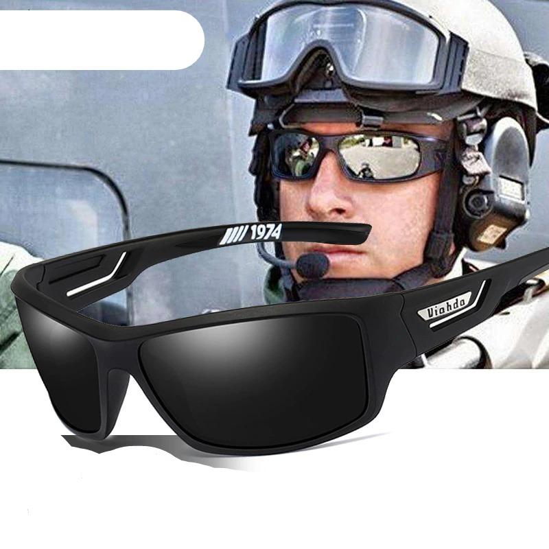 BowLift polarized military sunglasses with UV400 protection, ideal for fishing and outdoor sports, featuring sleek black frame and tinted lenses.