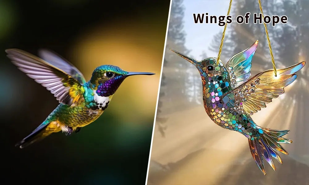 Colorful hummingbird suncatcher hanging decor for window, vibrant glass bird ornament for home and garden.