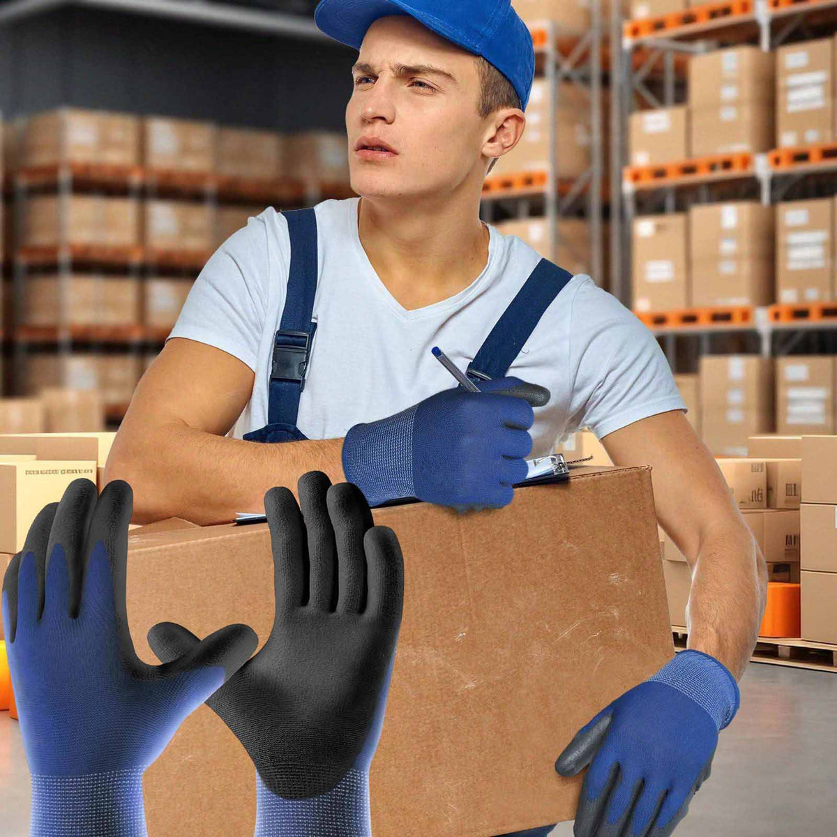 Pair of Belro work gloves in durable fabric with reinforced palms and wrist cuffs, designed for safety and protection during manual labor.