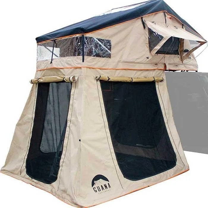 Casavibeo Guana Equipment Wanaka roof top tent mounted on a vehicle, showcasing durable fabric and secure mounting hardware.