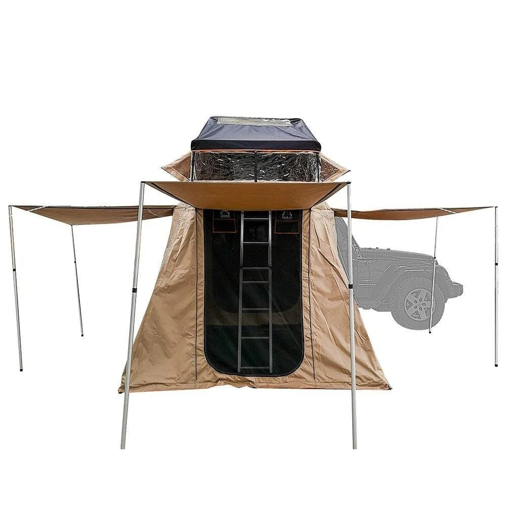 Casavibeo Guana Equipment Wanaka roof top tent mounted on a vehicle, featuring durable fabric and sturdy frame for outdoor camping.