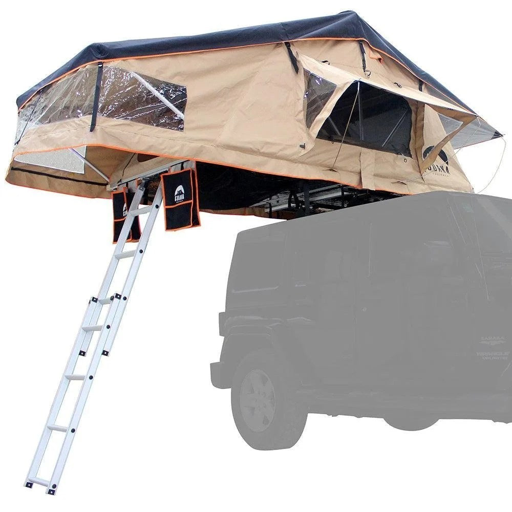 Casavibeo Guana Equipment Wanaka roof top tent set up on a vehicle, showcasing its durable fabric and spacious interior.