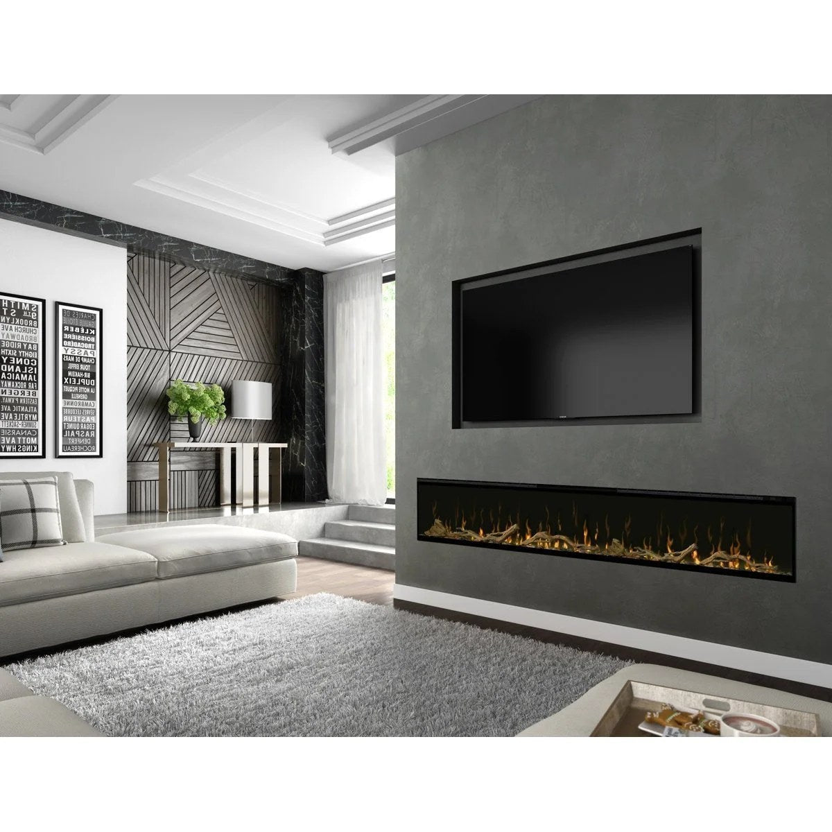 Built-in Casavibeo Dimplex IgniteXL 60-inch linear electric fireplace with modern glass and flame display.