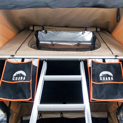 Casavibeo Guana Equipment Wanaka roof top tent mounted on vehicle, showcasing durable fabric and spacious interior for camping adventures.