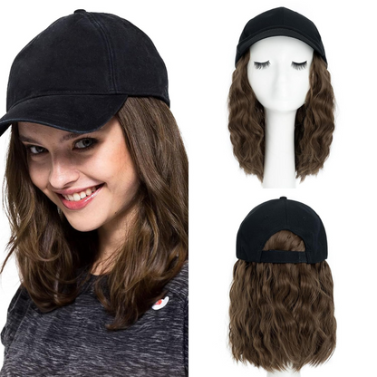 Belro heat resistant synthetic wavy wig extension attached to a baseball cap, showcasing hair accessory with wavy hairstyle.
