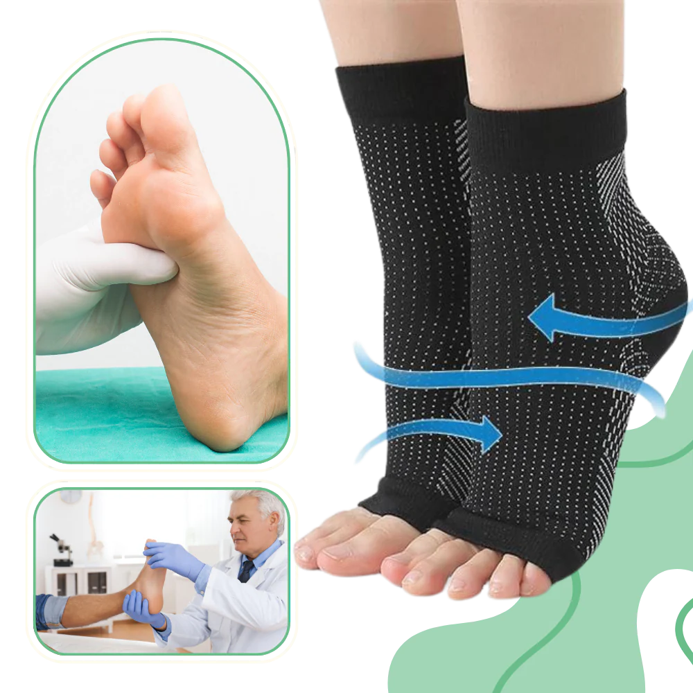 Belro compression support socks with open-toe design and non-slip fit, shown in a close-up of the sock's detailed fabric and fit.