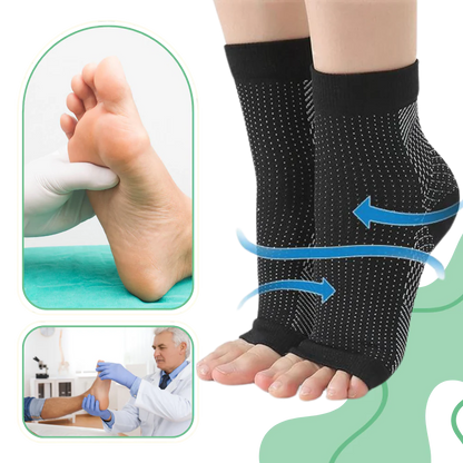 Belro compression support socks with open-toe design and non-slip fit, shown in a close-up of the sock's detailed fabric and fit.