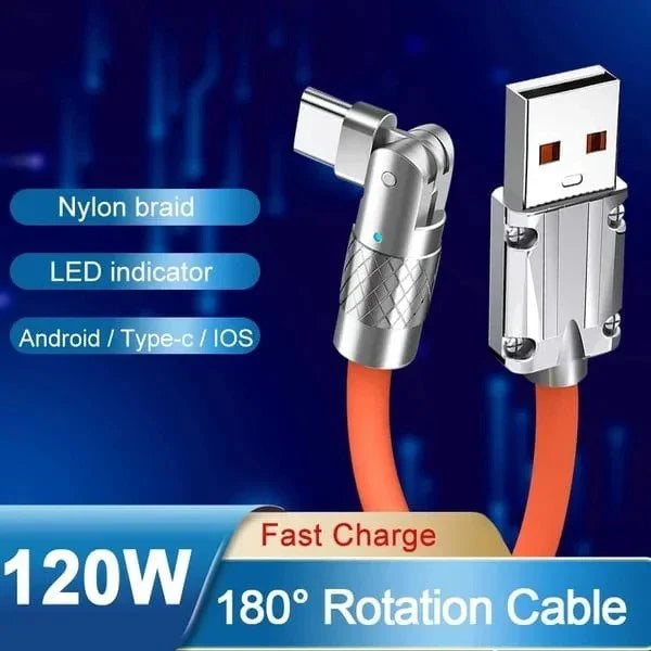 Belro 180° rotating fast charge cable showing flexible joint and USB connector for quick device charging.