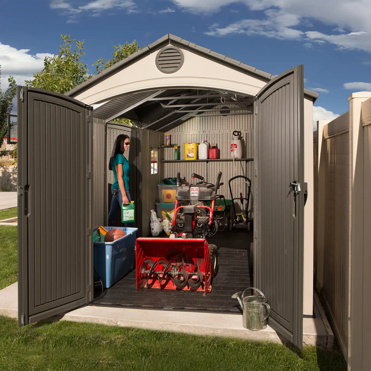 Casavibeo Lifetime 60079 outdoor storage shed in desert sand, 15 ft. by 8 ft., with dual entry and durable construction.