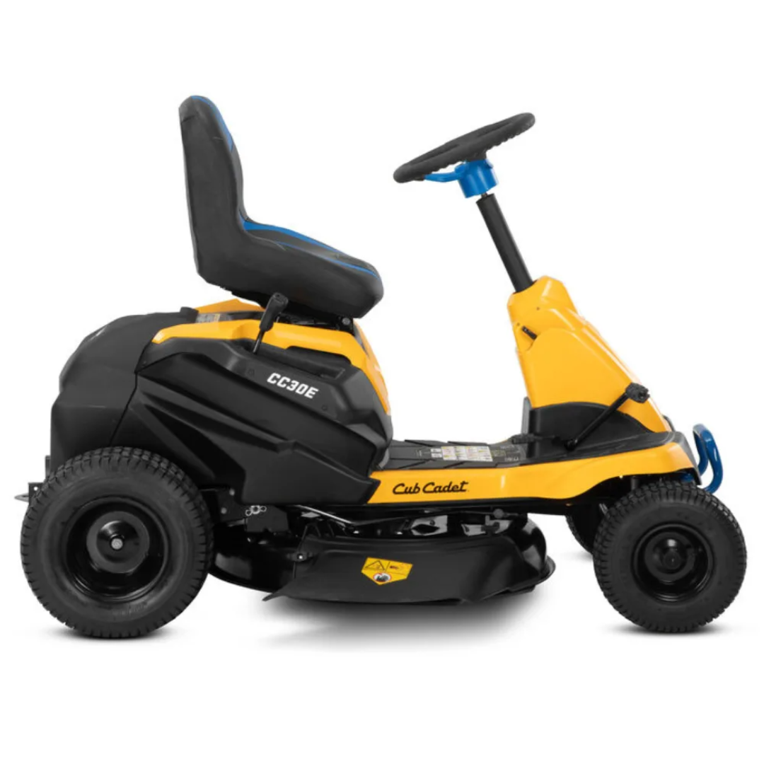 Cub Cadet CC30E riding lawn mower by Casavibeo, featuring a compact design with grass cutting blades and control panel.