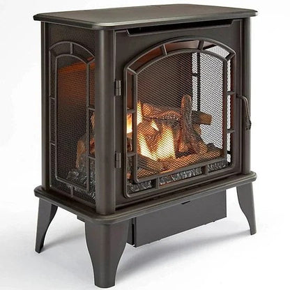 Bluegrass Living Panorama Vent-Free Dual Fuel 3-Sided Gas Stove by Casavibeo, showing sleek blue exterior and three-sided glass viewing panels.