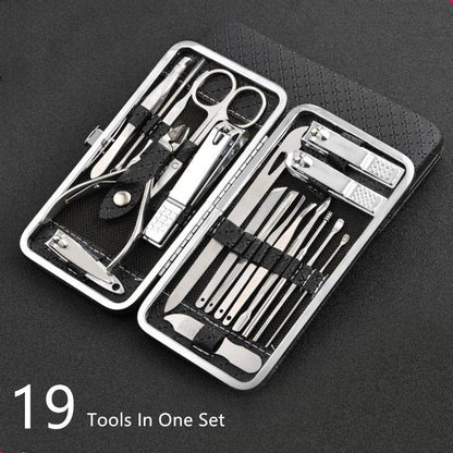 Belro 19-in-1 stainless steel manicure set with nail clippers, toenail trimmer, and pedicure tools for professional nail care.
