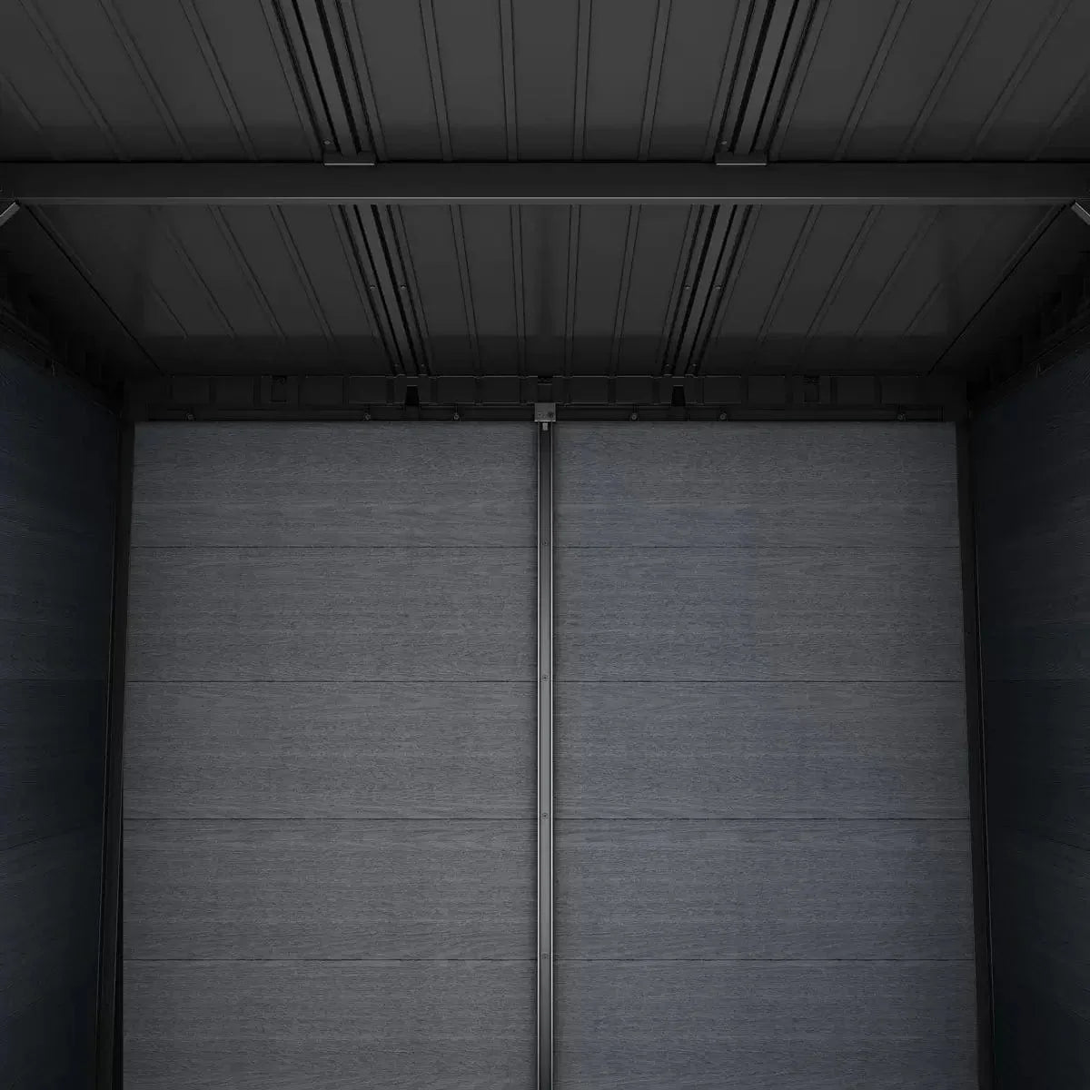 Keter Artisan 11x7 ft outdoor storage shed with floor and window, dark grey, Casavibeo brand, metal construction and side window