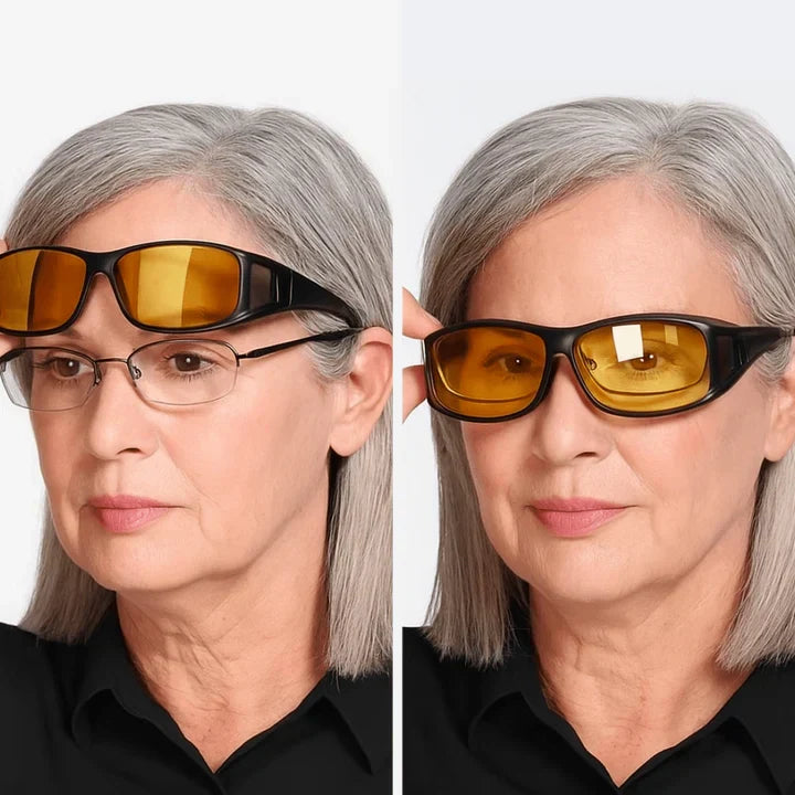 Mivoza night driving over-glasses with yellow anti-glare lenses, scratch-resistant fit-over eyewear for improved night vision.