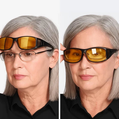 Mivoza night driving over-glasses with yellow anti-glare lenses, scratch-resistant fit-over eyewear for improved night vision.