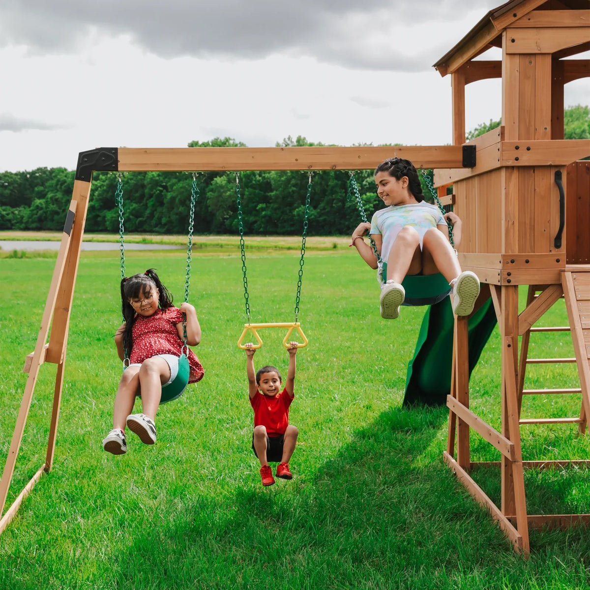 Casavibeo Sterling Point swing set with sturdy frame and colorful swings, perfect for backyard play and outdoor fun.