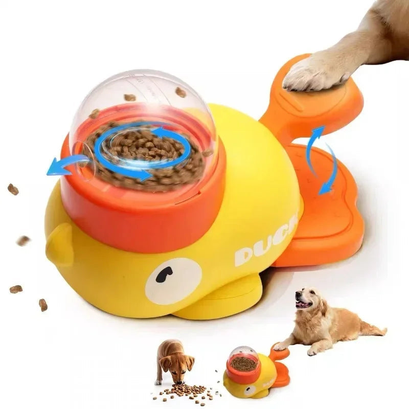 Belro Interactive Cartoon Duck Dog Puzzle Feeder on a kitchen countertop, designed for feeding and mental stimulation for dogs.