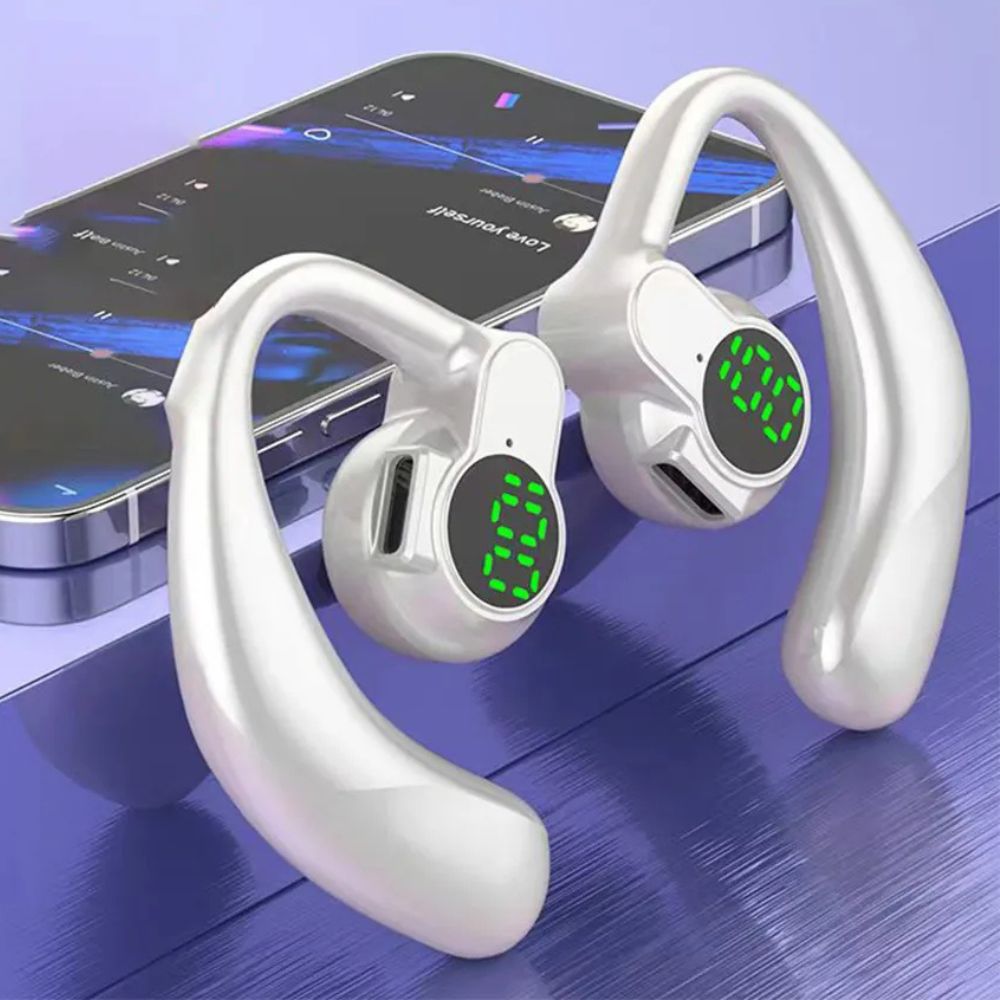 Belro wireless noise-canceling Bluetooth ear hook headphones with sleek design and in-ear fit for immersive audio.