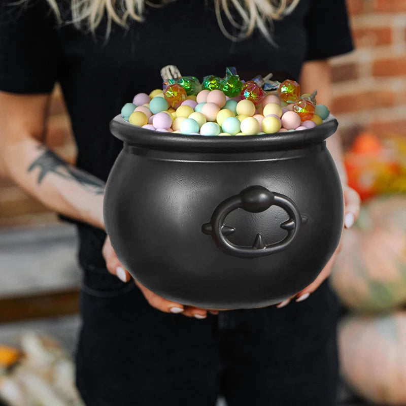 Belro witch cauldron Halloween candy bowl for kitchen and dining, black ceramic with spooky design for Halloween treats.