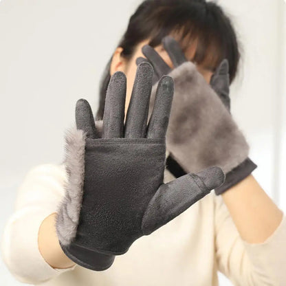 Belro suede rabbit fur touch screen winter gloves showcasing soft suede exterior and plush fur lining for cold weather comfort.