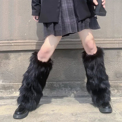 Belro winter faux fur leg warmer boots cover, soft plush exterior with cozy fur lining, designed to keep legs warm in cold weather.