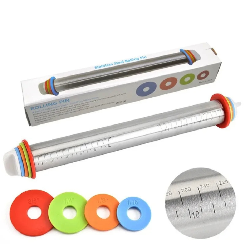 Belro adjustable rolling pin with rings for even dough thickness, made of smooth wood, ideal for baking and kitchen use.
