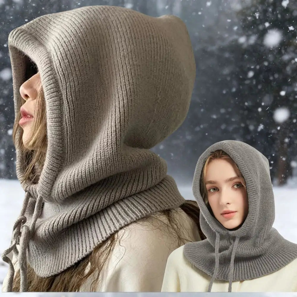 Belro knitted hooded balaclava hat with neck warmer, made of warm, stretchy knit fabric, designed for cold weather protection.